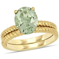Миабела Дамски 2-Каратов Т. Г. в. овал зелен кварц 14кт жълто злато Двойна група пасианс годежен пръстен