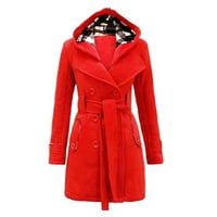 Палто за жени жени топла зимна качулка дълги секции колан с двойно яке плюс размер палто червено + xxl