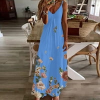 Yuwull Женски лято плюс размер Хавайски рокли Флорални печат Спагети каишка Макси Рокля плаж Бохо Сундъдър Син клирънс