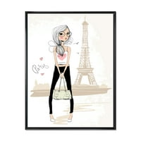 Дизайнарт 'сладко момиче от обиколката Париж Айфеловата кула' детско изкуство рамка платно стена арт принт