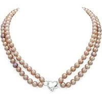 Двоен ред розова сладководна перла Сърце-форма Сребърна закопчалка огърлица с бонус перла обеци