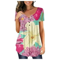 Блузи за свободно време с къс ръкав флорални върхове Хенли лято за жени горещо розово m
