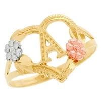 Jackani 14k многотонен златен диамант отрязано флорална буква първоначален сърдечен пръстен