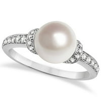 Персово култивирана перла и диамантен пръстен с сладководна култивирана и диамантен пръстен 0,16ctw