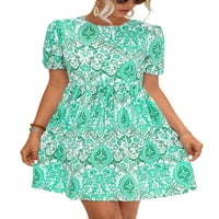 Rejlun дамски тениска рокля флорална щампа Sundress Crew Neck Mini рокли Основно свободно лято зелено m