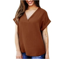 Продажби жени модни върхове ежедневни солидни V-образно разхлабени тениски тениска с късо ръкав топ блуза пуловер кафе xxl