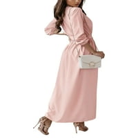 Lumento жени a-line есен макси рокли свободни плътни цветни рокля kaftan v шия рокля розово l
