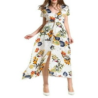 Sunisery женски флорална макси рокля Бохемски летен ежедневен къс ръкав V-образно деколте с високи разцепени дълги рокли S-XXL