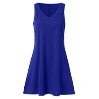 Рокли за жени женска смяна на средна дължина солидна без ръкави V-образно деколте ежедневно модни рокли Royal Blue L