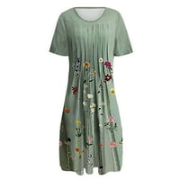 Дамски летни ежедневни свободни печатни плисирани рокли обло деколте с къс ръкав миди Флоу рокли с джоб ментово зелено 3хл