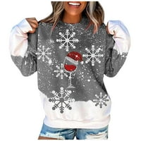 Baocc пуловер Жени модни o-neck Коледна щампа с дълъг ръкав блуза пуловер суичър върхове качулки за жени сиво s