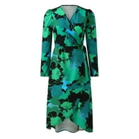 Дами v Врат с дълъг ръкав флорална рокля модна ретро талия MIDI рокля Женска рокля, зелена xxl