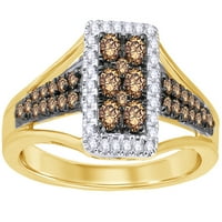Шампанско и бяло естествено диамантен пръстен за правоъгълна рамка в 10k жълто злато