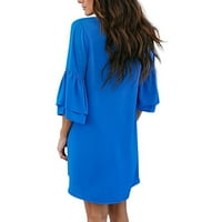 Жени мини къси ръкави модни мини солидна лятна рокля с v-образно деколте син xl