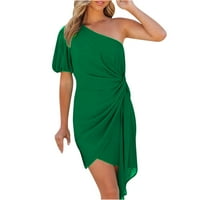 Finelylove монтирана рокля Обобщава рокли с едно рамо солидна рокля с късо ръкав слънчева рокля зелено