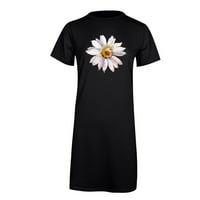 Женски екипаж Врат креативен цвете отпечатани рокли за тениска Лято късо ръкав Разхлабена люлееща се туника рокля мини слънчев разрез