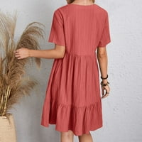 Дамски ежедневни модни Плътен цвят рокля в врата с къс ръкав Резервоар рокля разрошена Коляното дължина рокля червен ххл