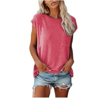 До 50% отстъпка от летни тениски екипаж масивен цвят блуза Небрежна разхлабена туника основни тениски ризи с къс ръкав за жени меки дишащи върхове с джобни розови s