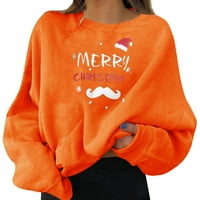 Коледа женско празнично парти Пуловери забавно графичен печат екипажа врата Дълъг ръкав блузи върхове Дамски суитчър без качулка оранжев с