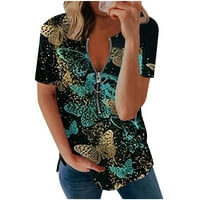 Модни Летни Ризи Дамски Модни Ежедневни Пеперуди Отпечатани Ежедневни Тениска С Къс Ръкав С Цип В-Врата Пуловер Блуза Върхове