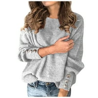 Големи пуловери за есен за жени със солиден цвят кръгъл врат пуловер с дълъг ръкав Crewneck Топли сиви женски пуловери размер m