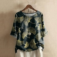 Chueow Womens върхове кръгла шия каузален печат блуза 1 2sleeve тениска лятния хлабина