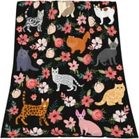 Дърво сладко котешко одеяло за момичета жени, карикатури Kawaii котки с флорални цветя на черно хвърляне на юрган за любители на котешки котки, супер уютно топло плюшено одеяло за хол, спалня, диван