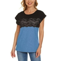 Тениски за жени графични Реколта случайни тениска твърди о врата дантела Пачуърк къс ръкав пуловер блуза върхове синьо