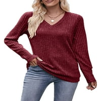Luxplum дамска туника блуза с дълъг ръкав тениска v върхове на врата Елегантна тениска Dailywear Tee Wine Red M