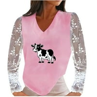 Жените случайни крава отпечатани в-врата дантела снаждане Дълъг ръкав пуловер тениска върховете Плюс размер Блузи риза рокля за есен
