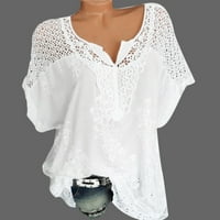 Authormvch Бяла тениска Бяла ризи за жени Лято O-Neck с късо ръкав издълбан солидна блуза горна тениска летни върхове за жени модерни бели XL